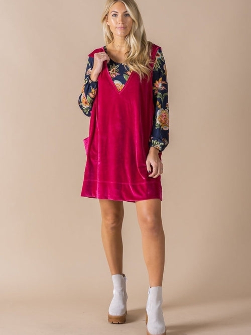 Agnes & Dora Fuchsia Velvet Pinafore Dress